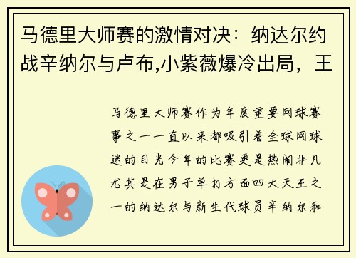 马德里大师赛的激情对决：纳达尔约战辛纳尔与卢布,小紫薇爆冷出局，王蔷一轮游！